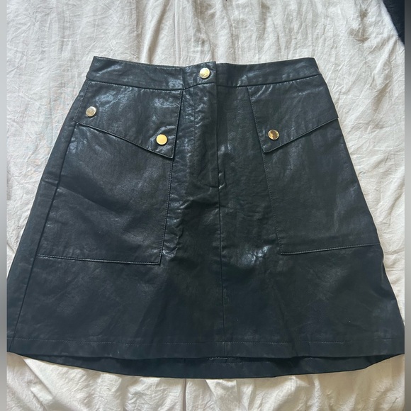 Black Zara A-Line Faux Leather Skirt with Gold Buttons - Picture 4 of 5